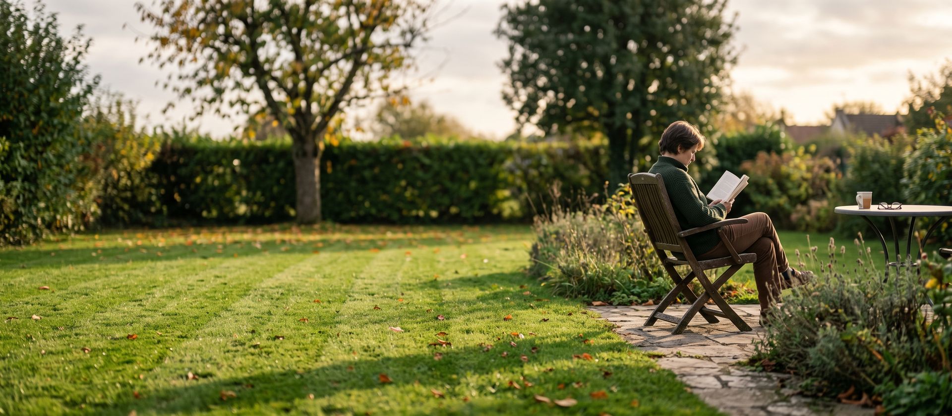 Pelouse de fond de jardin tondue en bandes régulières, en fin d'après-midi